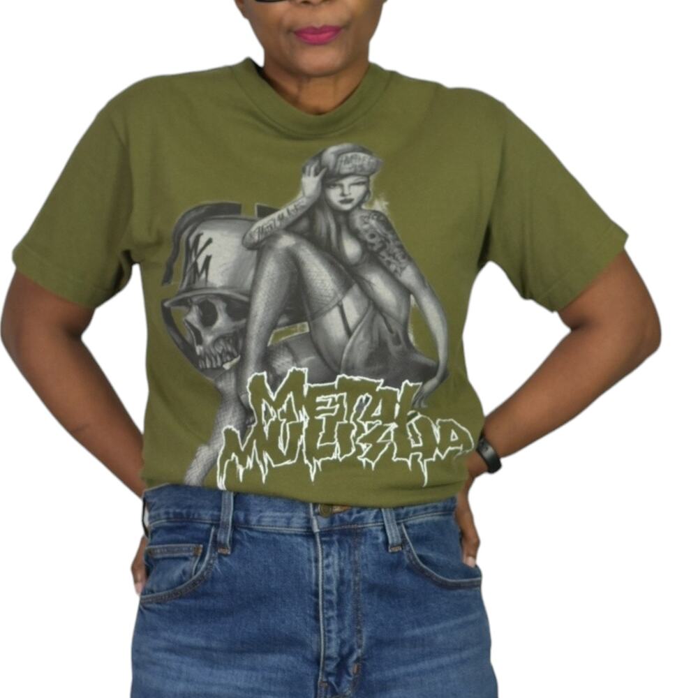 Vintage Metal Mulisha Skull Graphic Tee Green T Shirt Airbrush Tattoo Girl Small